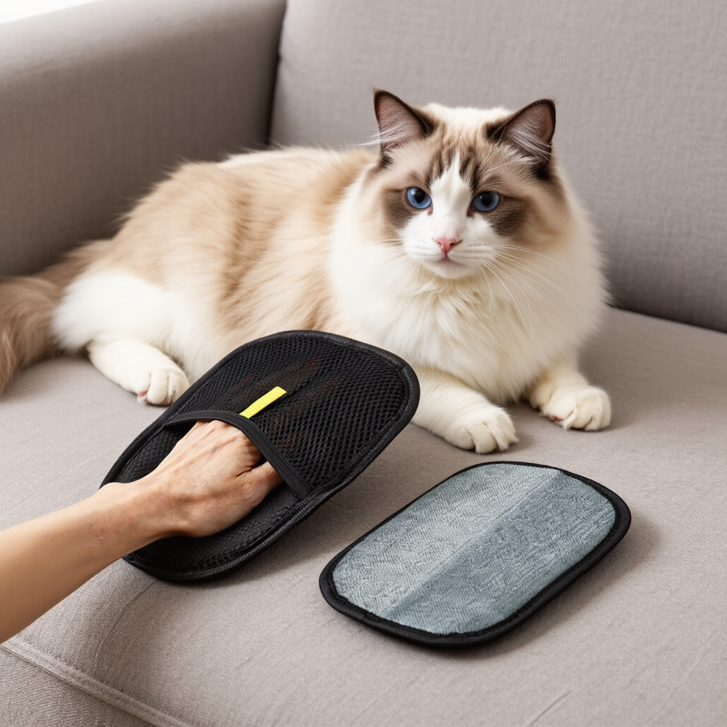 FurEase FurLuxe cat hair remover glove — lifts fur from HDB sofa without scratching
