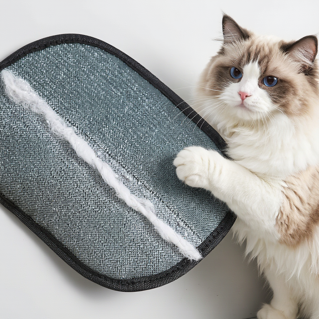FurLuxe glove removing cat fur from fabric sofa — rental-safe, deposit friendly